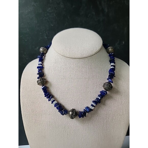925 Sterling Silver Lapis Lazuli, Moonstone, and Silver Beaded Necklace Vintage - Picture 3 of 10